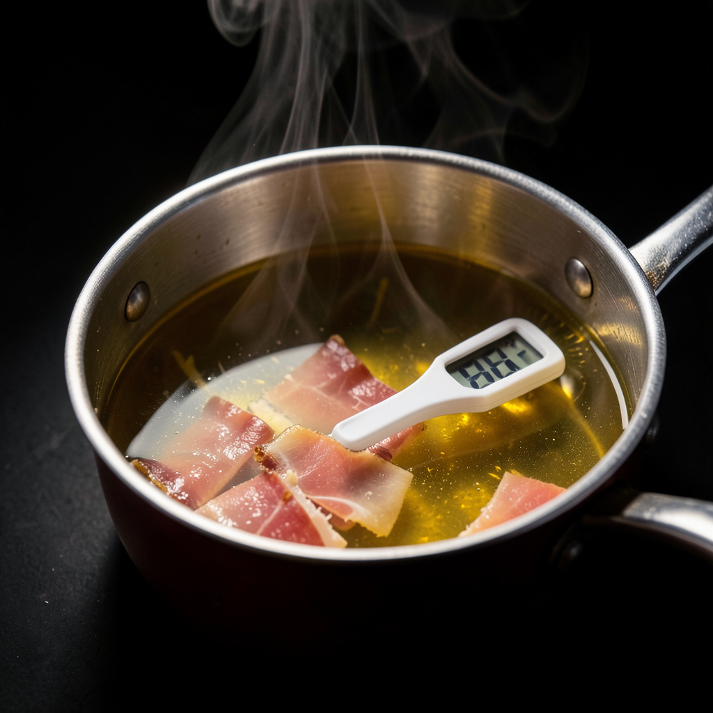 Dashi de jamón ibérico infusionando a temperatura controlada: caldo dorado translúcido con kombu y recortes de jamón ibérico sumergidos, vapor suave ascendiendo