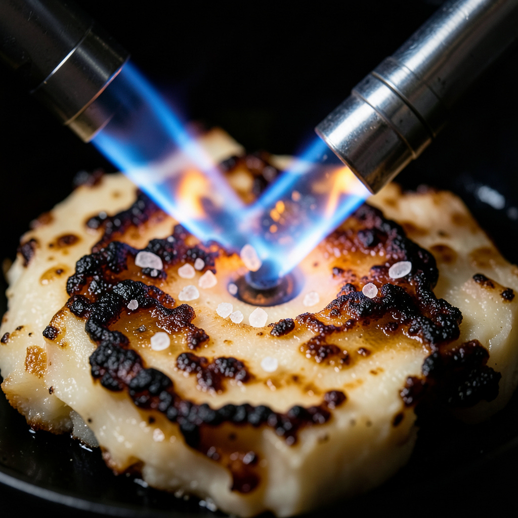Soplete de cocina quemando la superficie del tuétano asado, la llama azul-naranja caramelizando la médula y creando una costra oscura irregular