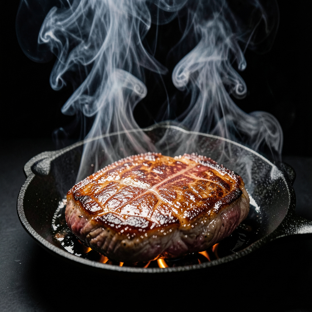 Entrecot de wagyu A5 sellándose en plancha de hierro al rojo, costra dorada formándose en la superficie con grasa intramuscular chisporroteando y vapor denso