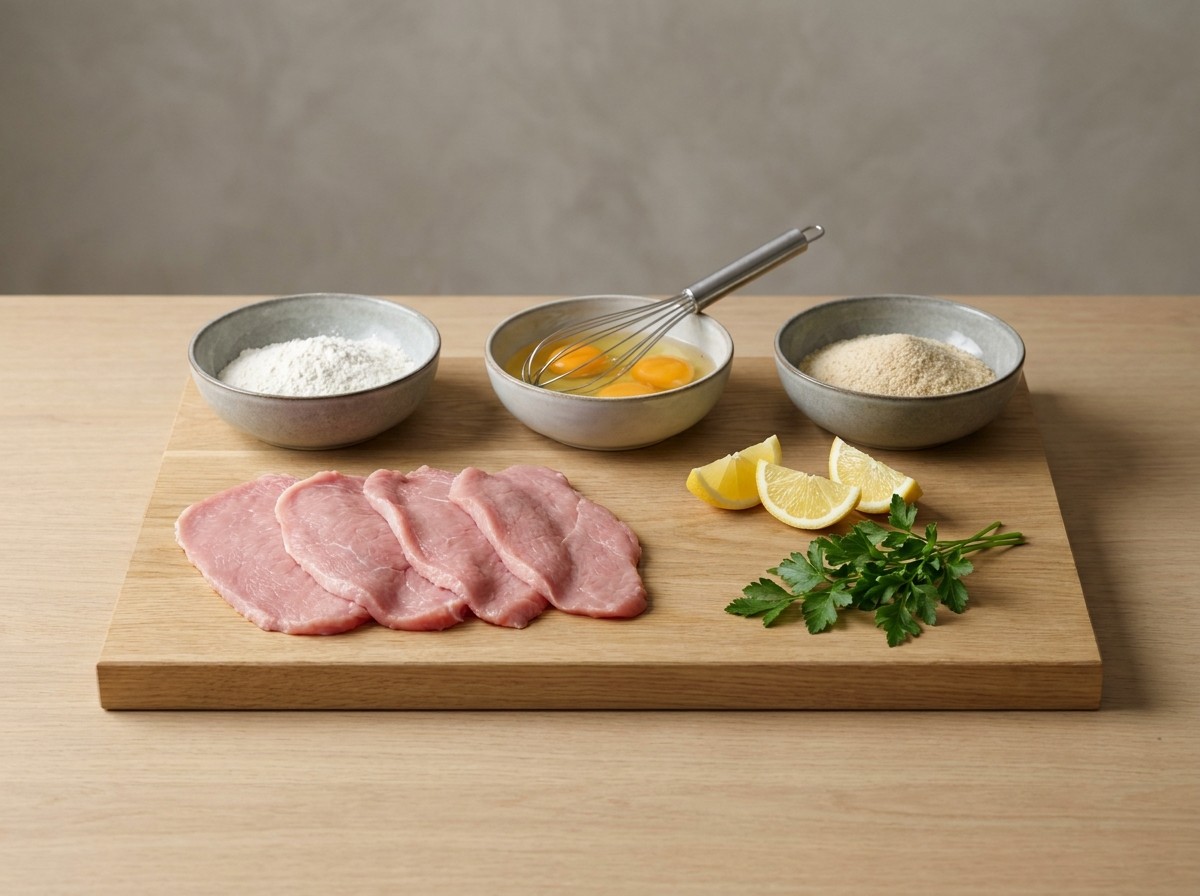 Ingredientes: filetes finos de ternera, harina, huevo, pan rallado y limón