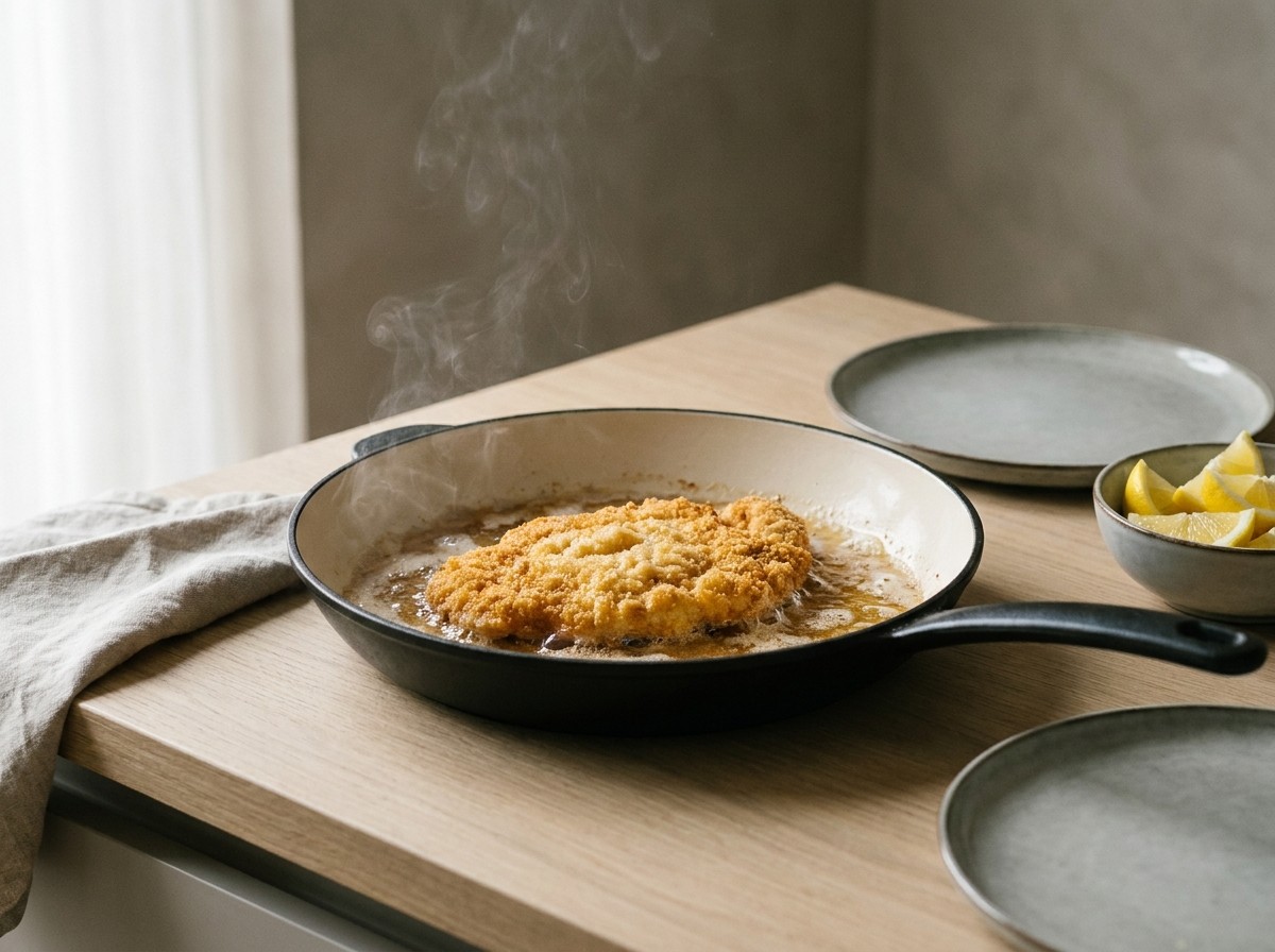 Schnitzel friéndose en abundante aceite caliente, el empanado suflándose