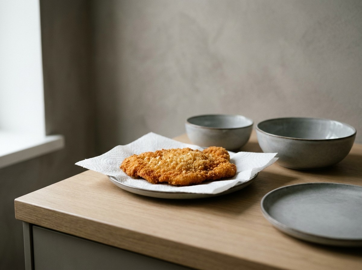 Schnitzel dorado escurriéndose en papel absorbente