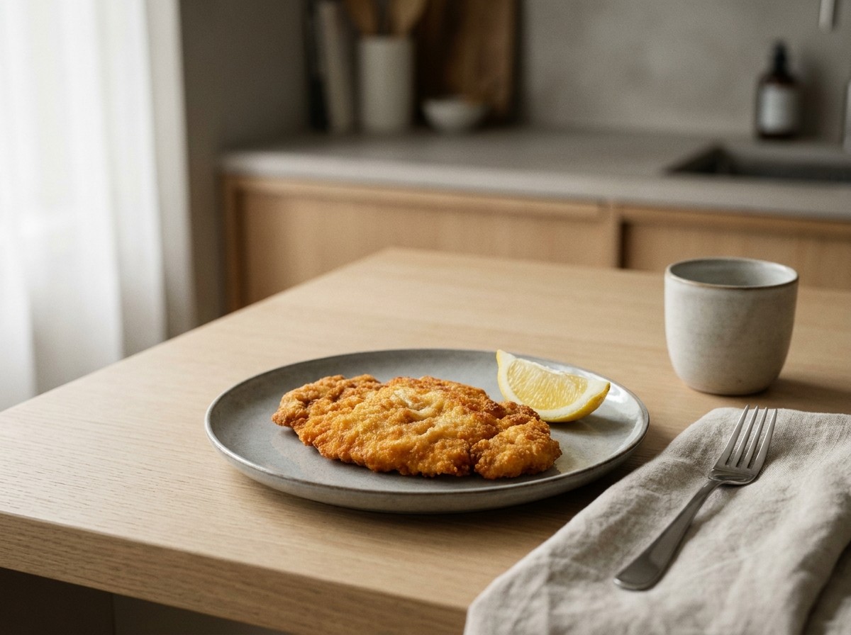 Schnitzel emplatado con un gajo de limón