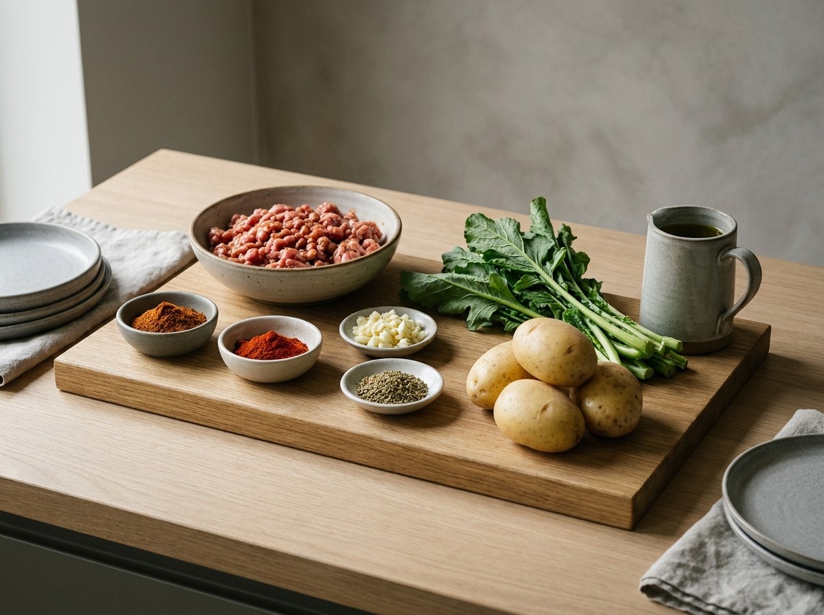 Ingredientes: carne de cerdo picada, pimentón, ajo, orégano, cachelos y grelos