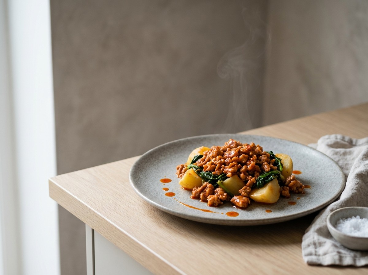 Zorza con cachelos en plato de cerámica gris piedra: carne de cerdo adobada al pimentón salteada, con cachelos y grelos, grasa roja brillante.